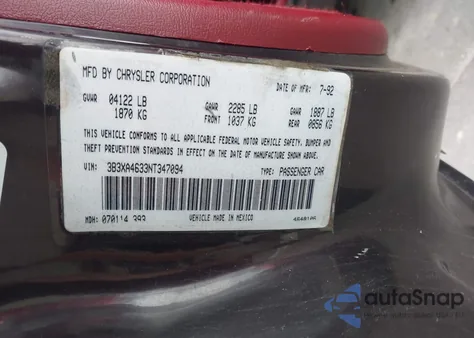 1992 Dodge Spirit z USA, uszkodzony, nr VIN 3B3XA4633NT347094